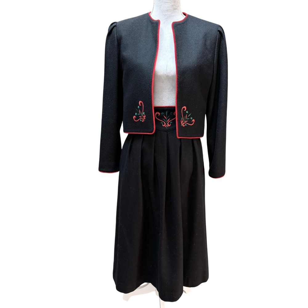 Lanz Originals Vintage Wool Skirt Suit Set Black Red Embroidery 7/8 Austrian